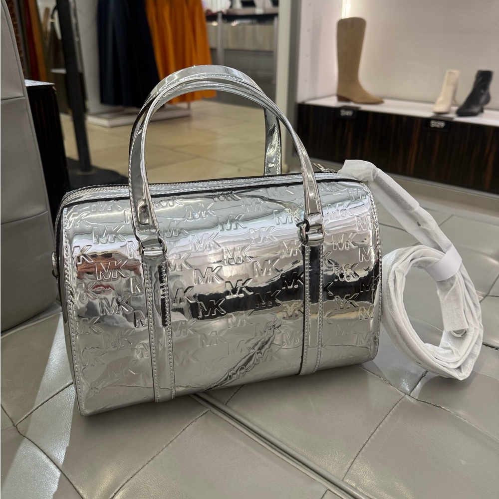 Michael kors jet set travel medium patent logo duffle satchel silver NWT - Picture 3 of 11